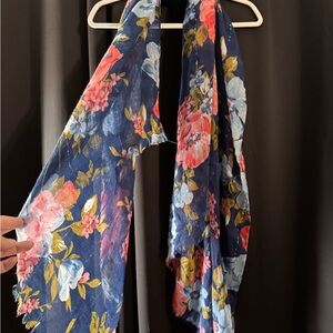 Floral Navy Lightweight Scarf with Silver Accents